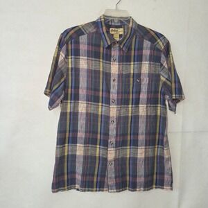 Orton Brothers Shirt Mens L Blue Red Madras Plaid‎ Short Sleeve Button Up
